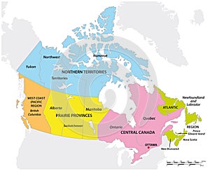 Vector map of the five geographic regions of Canada