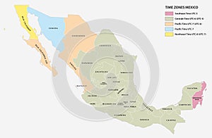 Vector map of the five time zones of the North American state of Mexico