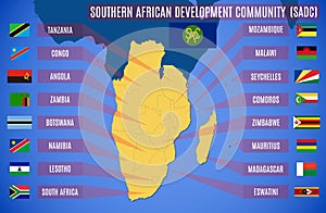 Vector map and flags of the Southern African Development Community SADC