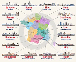Vector map of France with main cities on it. French cities skylines