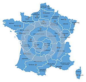 Vector Map of France with Provinces and Major Cities