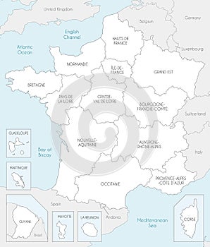 Vector map of France with regions and territories and administrative divisions, and neighbouring countries.