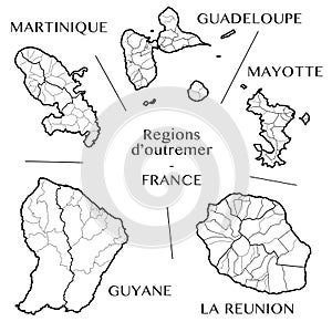 Vector map of the French overseas regions with Martinique, Guadeloupe, Mayotte, La Reunion, and French Guiana, France