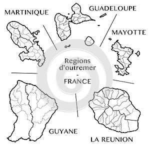 Vector map of the French overseas regions with Martinique, Guadeloupe, Mayotte, La Reunion, and French Guiana, France photo