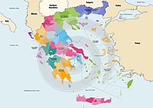 Vector map of Greece provinces colored by regions with neighbouring countries and territories