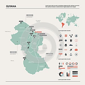 Vector map of Guyana.  High detailed country map with division, cities and capital Georgetown. Political map,  world map,