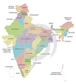 Vector map of India with states and territories and administrative divisions