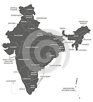 Vector map of India with states and territories and administrative divisions