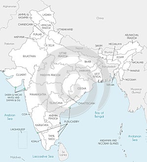 Vector map of India with states and territories and administrative divisions, and neighbouring countries