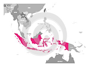 Vector map of Indonesia. Pink highlighted in Southeast Asia region