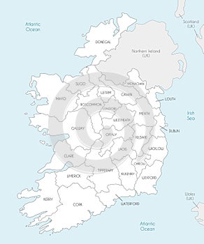 Vector map of Ireland with counties and administrative divisions, and neighbouring countries