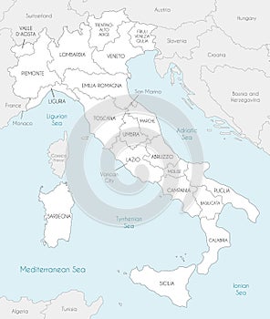 Vector map of Italy with regions and administrative divisions, and neighbouring countries and territories.