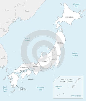 Vector map of Japan with regions and administrative divisions, and neighbouring countries