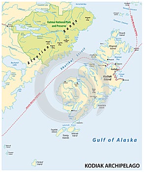 Vector map of the Kodiak Archipelago belonging to the US state of Alaska