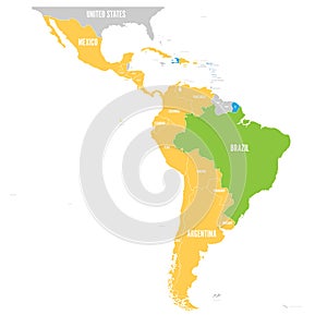 Vector map of Latin America with differently highlighted language groups - Spanish, Portuguese and French