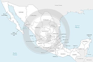 Vector map of Mexico with regions or states and administrative divisions, and neighbouring countries.