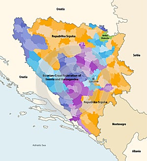 Vector map of municipalities of Bosnia and Herzegovina colored by regions, with neighbouring countries and territories