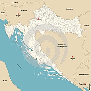 Vector map of municipalities of Croatia colored by counties with neighbouring countries and territories