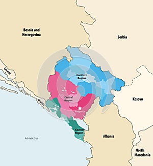 Vector map of municipalities of Montenegro colored by regions with neighbouring countries and territories
