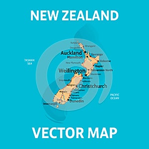 Vector map of New Zealand with cities, rivers and roads on separate layers