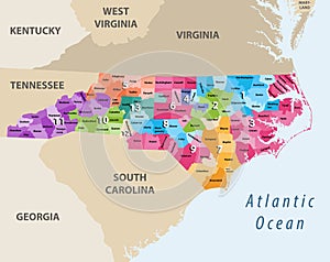 Vector map of North Carolina`s congressional districts with nearest states photo