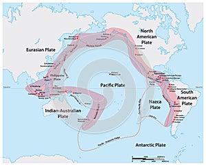 Vector map of the Pacific Ring of Fire with the main volcanoes