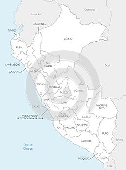 Vector map of Peru with departments, provinces and administrative divisions, and neighbouring countries.