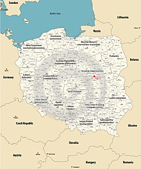 Vector map of Poland administrative divisions colored by provinces with neighbouring countries. Polish names gives in parentheses,