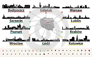 Vector map of Poland with largest city skylines silhouettes