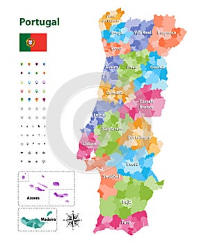 Vector map of Portugal districts and autonomous regions, subdivided into municipalities. Each region have own color palette. Flag