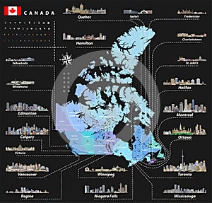 Vector map of provinces and territories of Canada with largest cities and all states capitals skylines