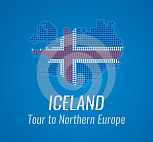 Vector map silhouette of Iceland with caption and tagline - Map of Dots in color of Icelands flag on blue color.