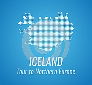 Vector map silhouette of Iceland with caption and tagline - Map of Dots white color on blue background.