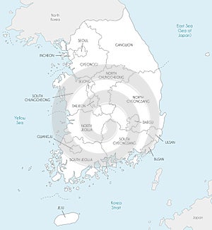 Vector map of South Korea with provinces, metropolitan cities and administrative divisions, and neighbouring countries