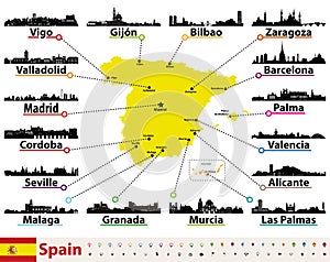 Vector map of Spain with largest cities skylines silhouettes