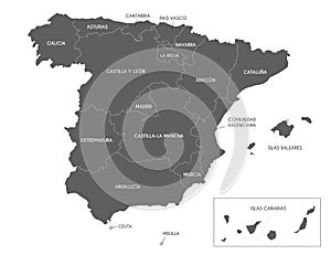 Vector map of Spain with regions and territories and administrative divisions.