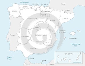 Vector map of Spain with regions and territories and administrative divisions, and neighbouring countries.