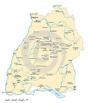 Vector map of the state of Baden wuerttemberg with major cities, Germany