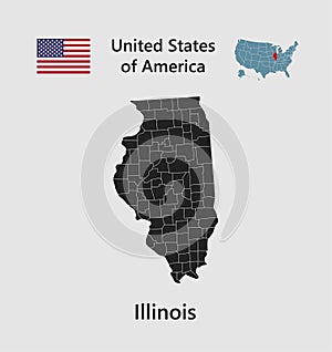 Vector map state Illinois, flag and map USA