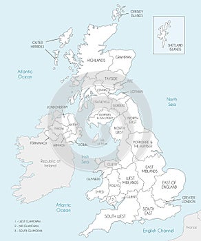 Vector map of UK with administrative divisions, and neighbouring countries. Editable and clearly labeled layers