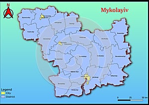 Vector map of the Ukraine administrative divisions of Mykolayiv Region with City, City Council, District, Raion