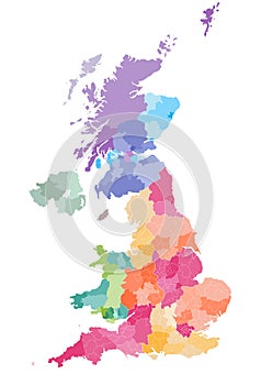 Vector map of United Kingdom administrative divisions colored by countries and regions. Districts and counties map of England, Wal