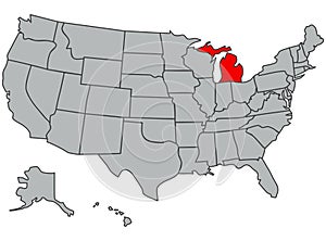 Vector map of the United States of America. State Michigan illustration in gray color. Highlighted in red territory of the US.