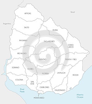 Vector map of Uruguay with departments and administrative divisions, and neighbouring countries.