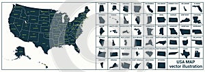 Vector map of the USA and each of the states with state borders,