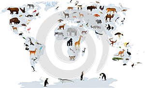 Vector map of the world with animals. Europe, Asia, South America, North America, Australia, Africa.