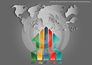 Vector map of the world of business travel and arrows of communication, trading, marketing and global business icon flat design