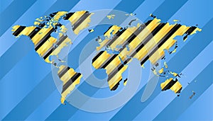Vector map of the world from diagonal yellow and black stripes o