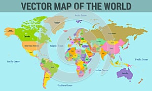 Vector map of the world with the names of the countries, with the borders of the countries