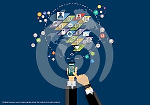 Vector map of the world's mobile communications business, trading, marketing and global business icons flat design